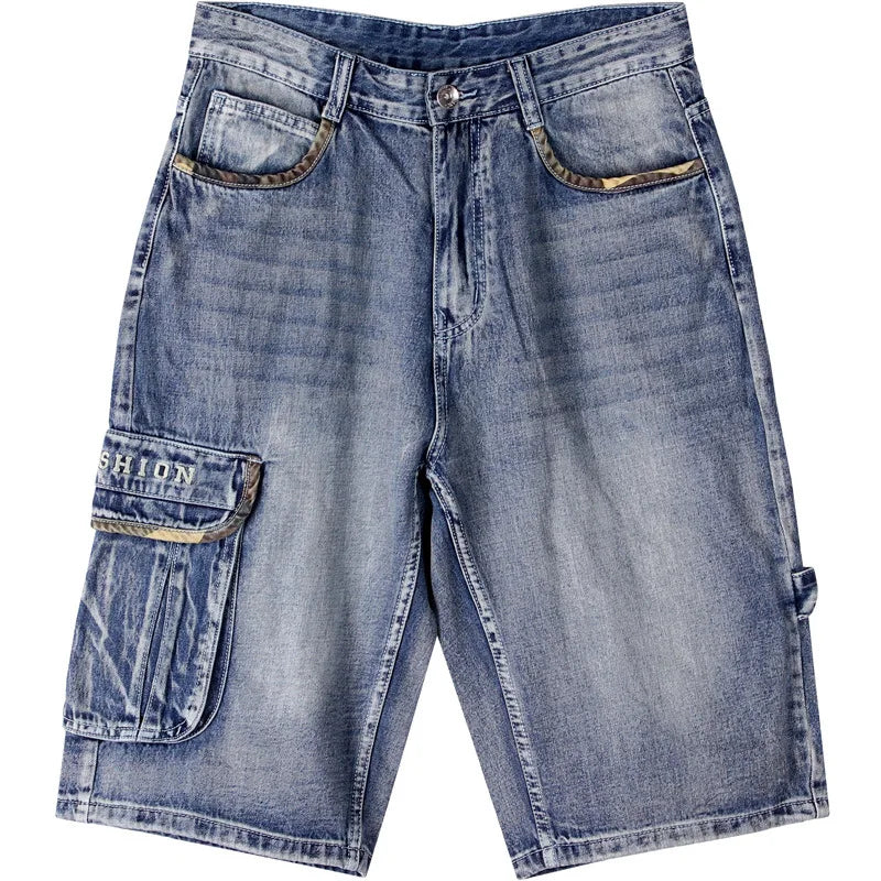 Blue denim shorts on a white background