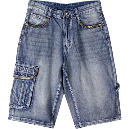 Blue denim shorts on a white background