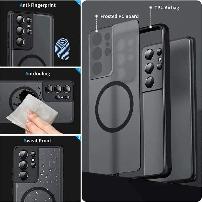 Luxuriöse Magsafe Wireless Ladehülle für Samsung Galaxy S20 S21 S22 S23 FE S24 Plus S24Ultra Stoßfeste Matte Klare Rückabdeckung
