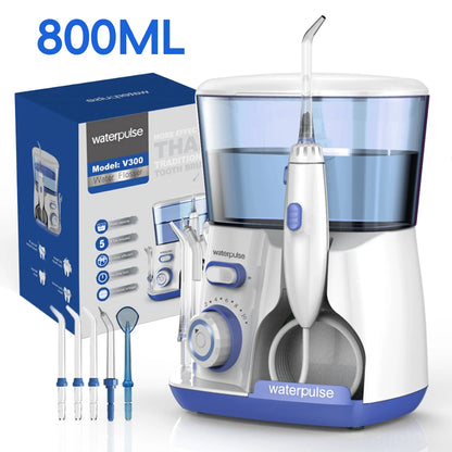 Waterpulse V300 water flosser with packaging and nozzles on a white background