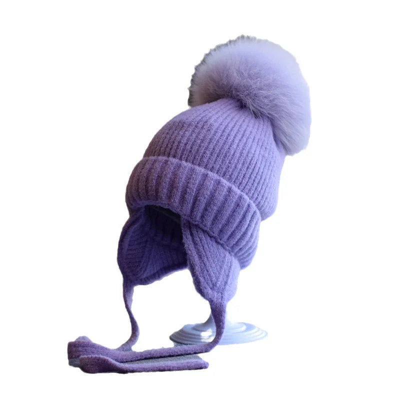 Große Pelzige Fuchs Fellball Kinder Ohrenschutz Mütze Mädchen Winter Dick Warm Plüsch Strickmütze Anti-Kälte Mütze Gorros Invierno 4m807