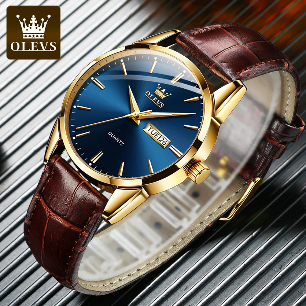 Watch with brown leather strap and blue dial on a reflective surface, featuring the OLEVS brand.