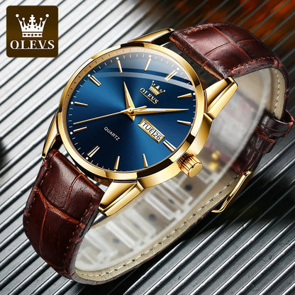 Watch with brown leather strap and blue dial on a reflective surface, featuring the OLEVS brand.