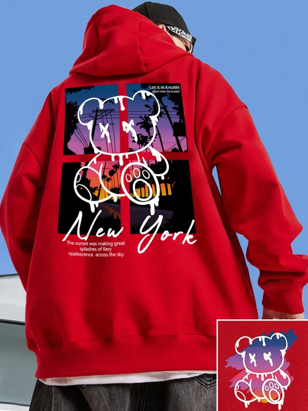 New autumn European and American men's teddy bear graffiti print soft and comfortable hooded sweatshirt outdoor street style clo