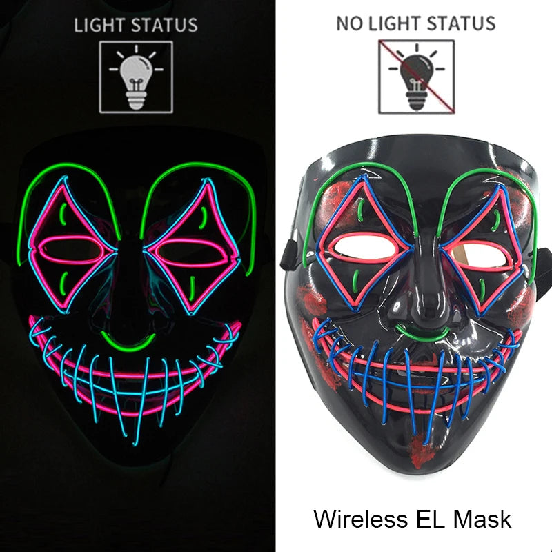 Drahtlose Neon-LED-Reinigungsmaske, im Dunkeln leuchtende Cosplay-Horrormaske, Halloween-Maskerade-Partymasken, leuchtende, lustige Verkleidung