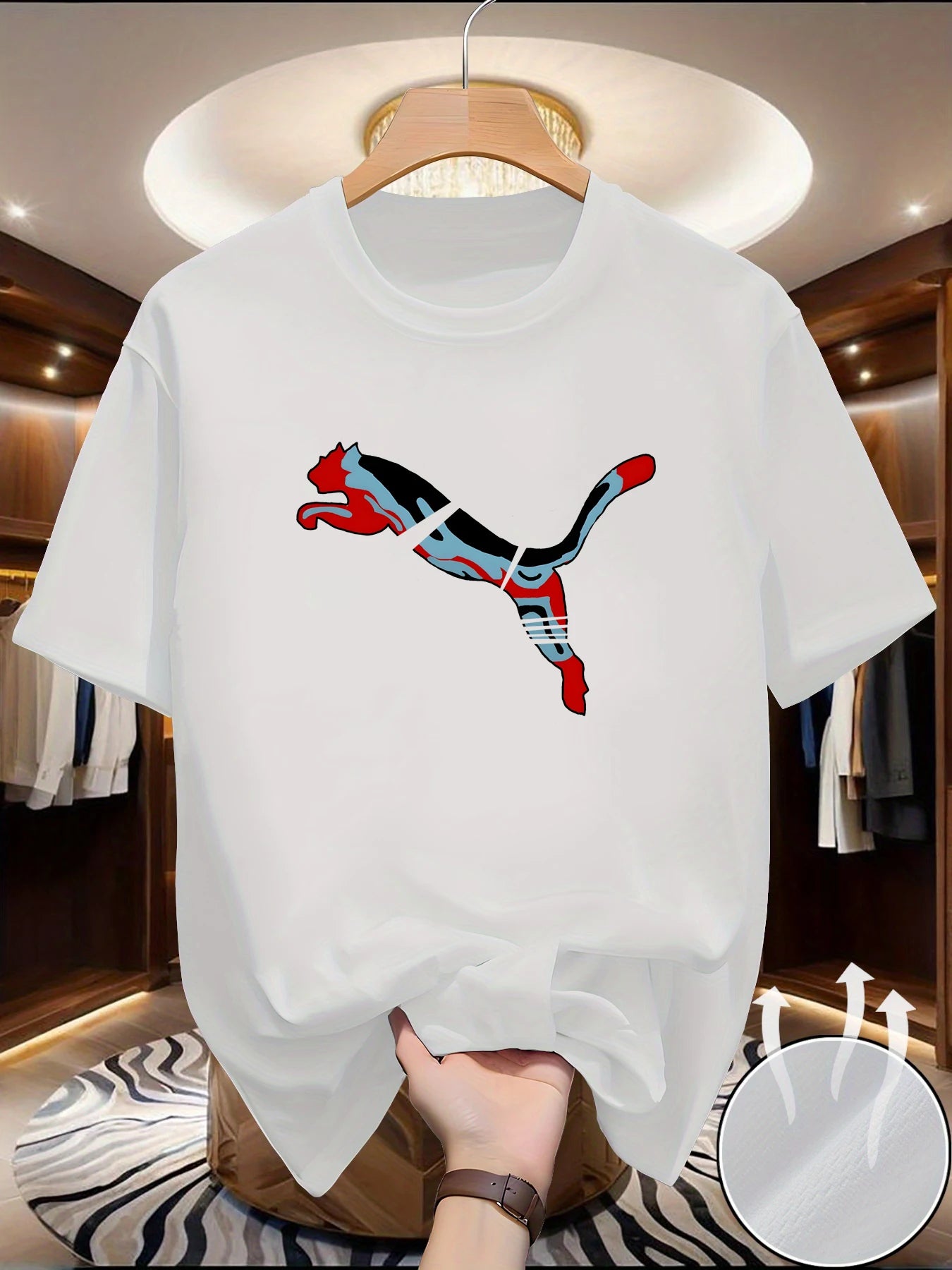 Mesh T-shirt with animal world pattern printed round neck short sleeved casual top