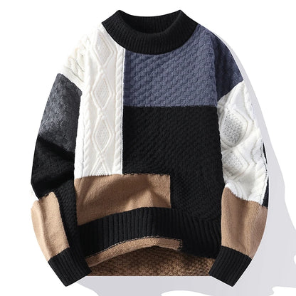 Men's Clothing Round Neck Autumn Winter Pullover Lantern Long Sleeve Screw Thread Sweater Knitted Casual Contrast Color Tops