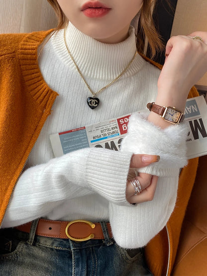 Damen Rollkragenpullover Winter 2025 Retro mit Samtfutter Verdickter Innenpullover Thermogestricktes Unterzieh-Shirt