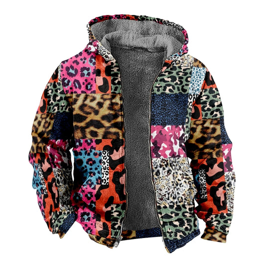 Men's Leopard Patchwork Fleece Zip-Up Hoodie Parka Coat