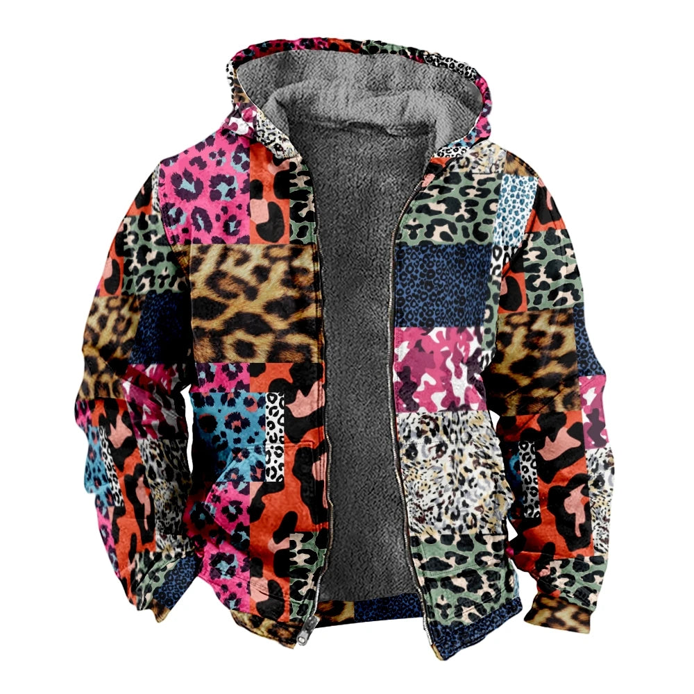 Herbst Winter Fleece Zip-Up Hoodies Original Leopard Patchwork Digitaldruck Herren Parka Mantel Jacken Oberbekleidung Sweatshirts Street