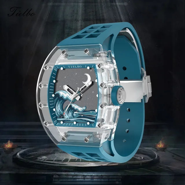 TIELBO Crystal Automatic Mechanical Case Watches Skeleton Sapphire Diamond Wristwatch Waterproof Luminous