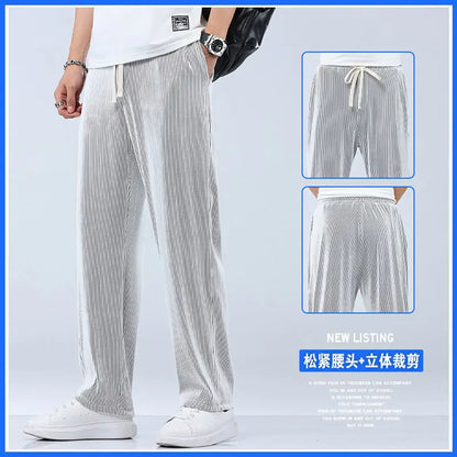 Men's Ice Silk Wide Leg Pants – Loose Drape Summer Trousers Fits Up to 100kg