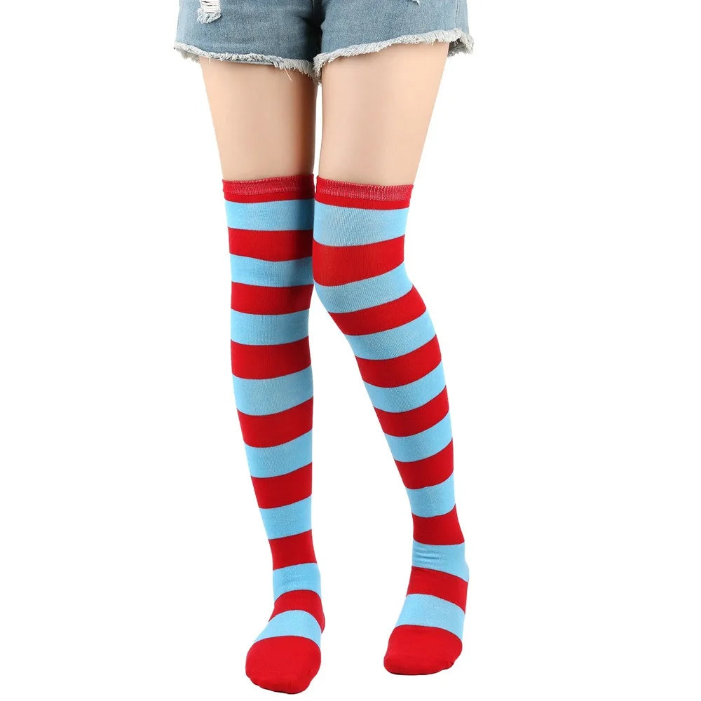 1 Paar stylische knielange JK-Socken, Damen-Streifensocken, hohe Socken, Mädchen-Oberschenkel-Socken. Mehrfarbige gestreifte niedliche Socken
