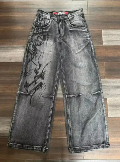Street Fashion Trend Totenkopf bestickte Jeans Damen Harajuku Y2K Neue Hip Hop Joker Straight Wide-Leg Hosen Paar Freizeitjeans