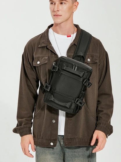 Person wearing a brown jacket with a black backpack on a white background