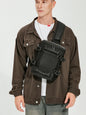 Person wearing a brown jacket with a black backpack on a white background