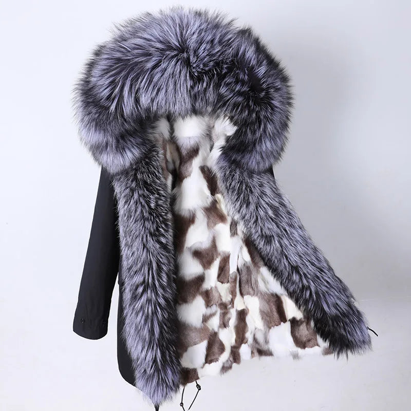 Maomaokong 2022 Winter Long Jacket Real Fur Coat Women Clothes Large Fur Collar Detachable Natural Fox Lining Parkas Leather Fur