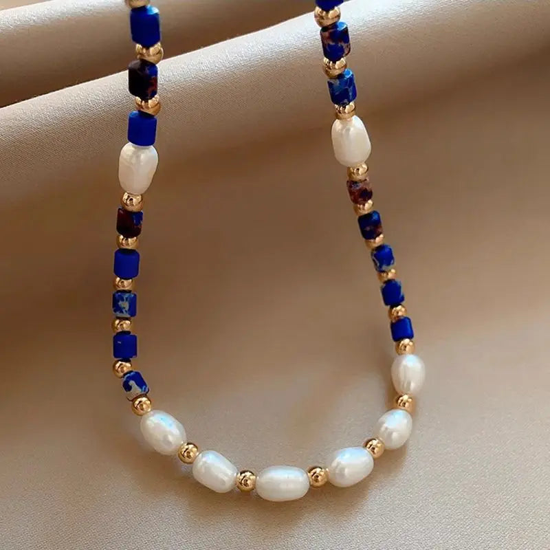 New Arrival 100% Natural Freshwater Pearl & Lapis Lazuli Stone 14K Gold Filled Female Beads Chain Necklace Jewelry For Women