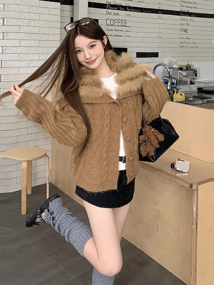 Women's Knit Cardigan With Faux Fur Collar Fashion Long Sleeve Single Breasted Sweater Coat Lady 2026 Spring Chic Streetwear