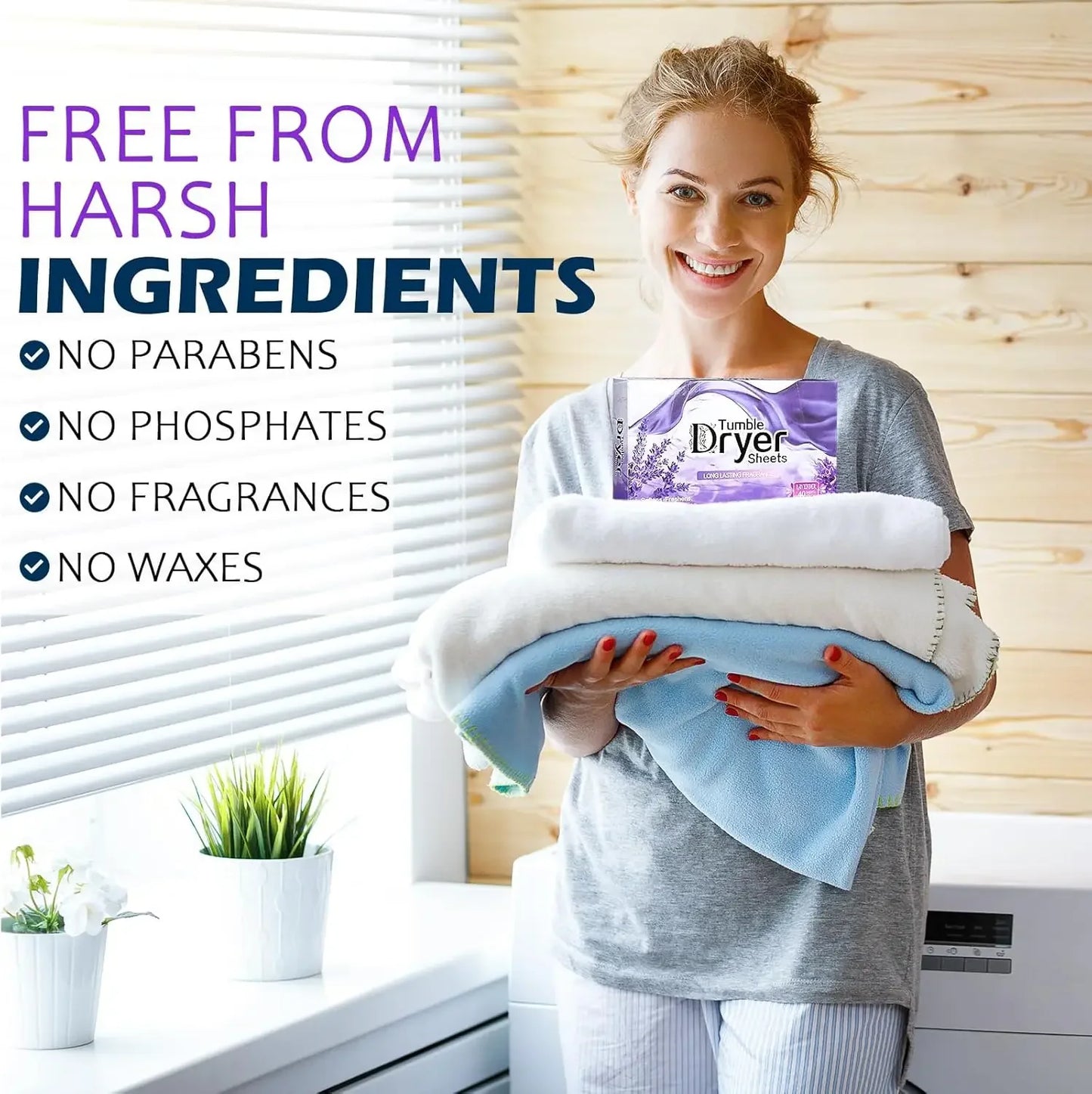 Woman holding dryer sheets with text about product benefits