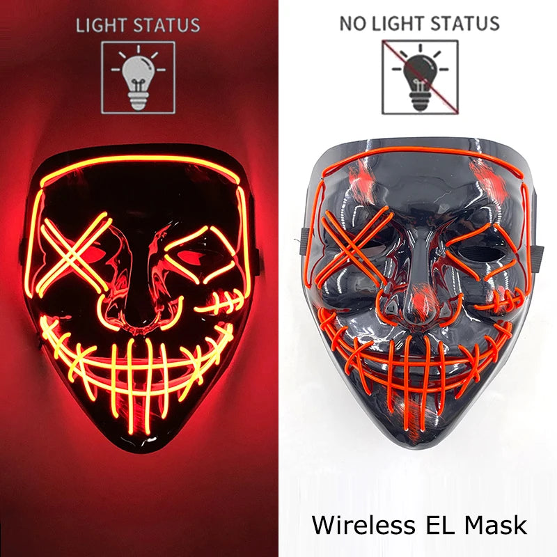 Drahtlose Neon-LED-Reinigungsmaske, im Dunkeln leuchtende Cosplay-Horrormaske, Halloween-Maskerade-Partymasken, leuchtende, lustige Verkleidung