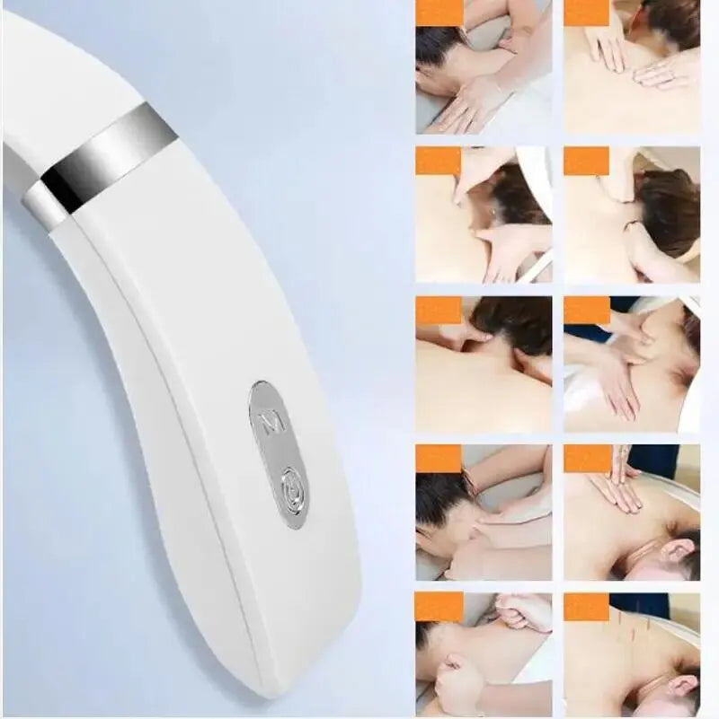 White handheld device with silver accents on a light blue background, surrounded by images of people using the device for massage.