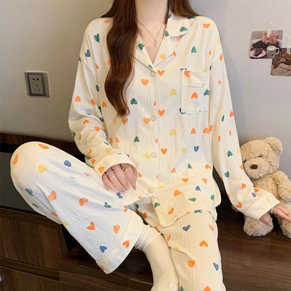 Pink Bow Dtie Design Pajamas for Women Long Sleeve Top & Elastic Waist Pants Pajamas Set Style Casual New Home Wear