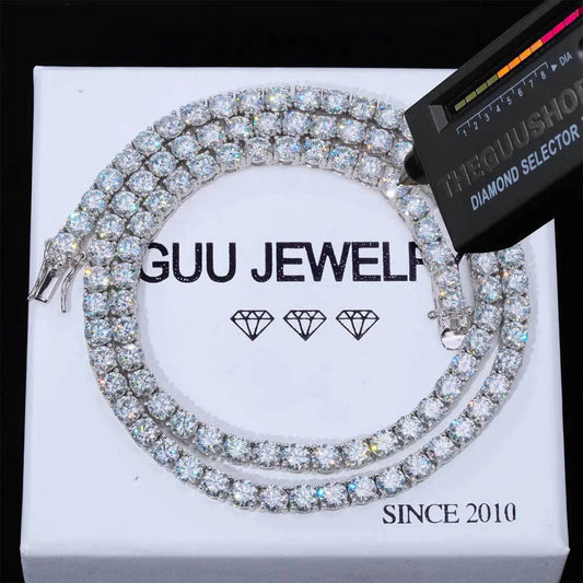 Diamond necklace on a GUU JEWELRY branded stand with a diamond selector tool.