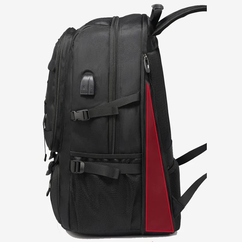 Black backpack with a red side panel on a white background