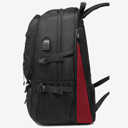 Black backpack with a red side panel on a white background