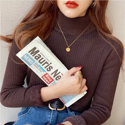 Damen Rollkragenpullover Winter 2025 Retro mit Samtfutter Verdickter Innenpullover Thermogestricktes Unterzieh-Shirt