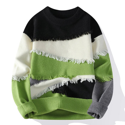 Patchwork Fringe Knit Pullover | Round Sweater