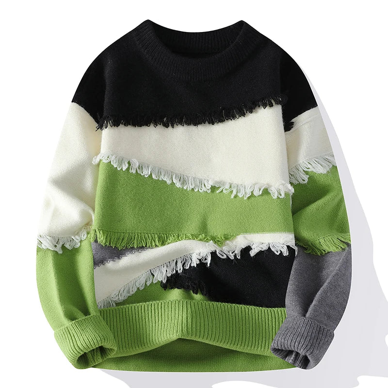 Patchwork Fringe Knit Pullover | Round Sweater