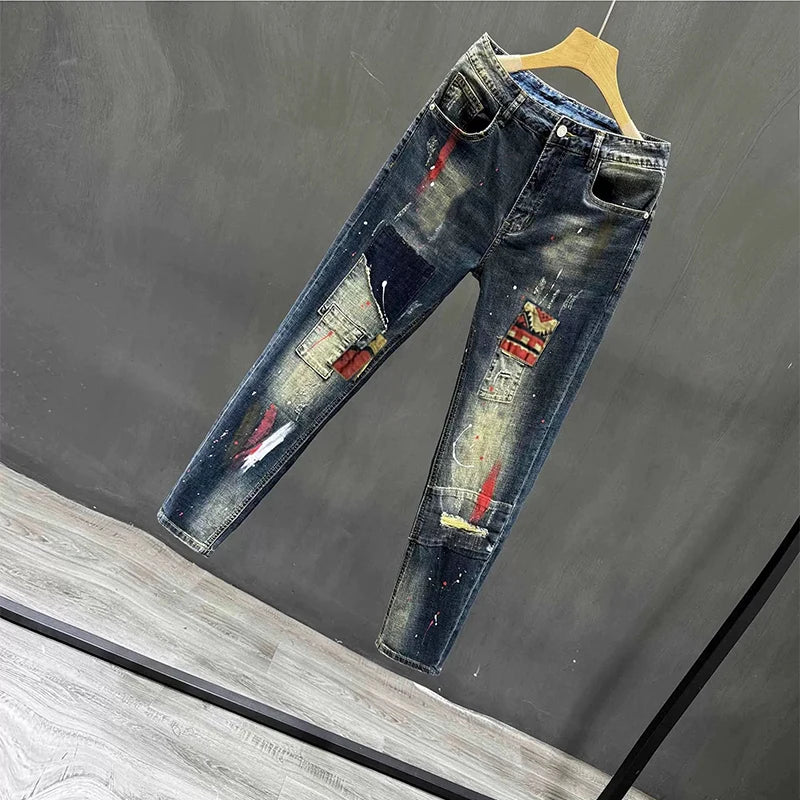 Designer Slim Fit Jeans Spring Brand Washed Patchwork Casual Long Pants Cotton Stretch Denim