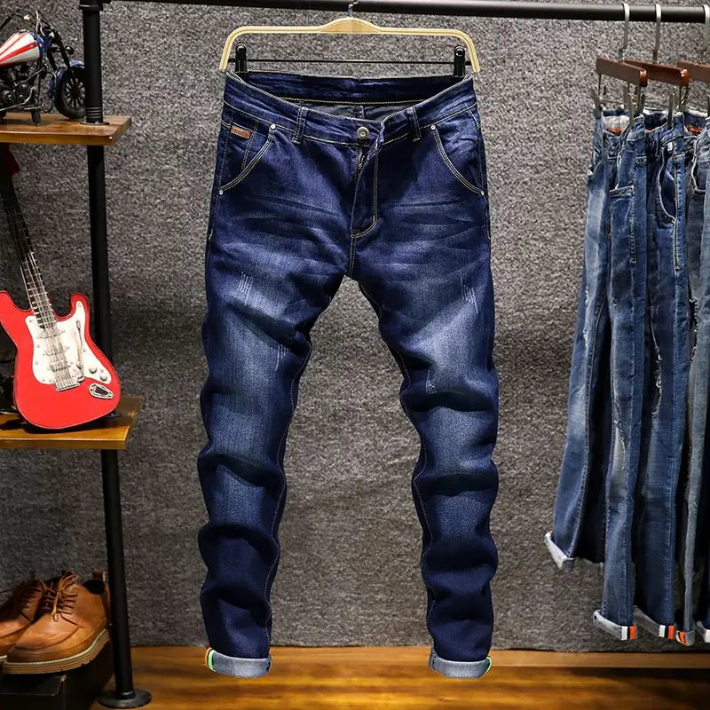 American Elastic Straight Jeans Men Ripped Worn-out Slim-fit Cotton Men's Clothing