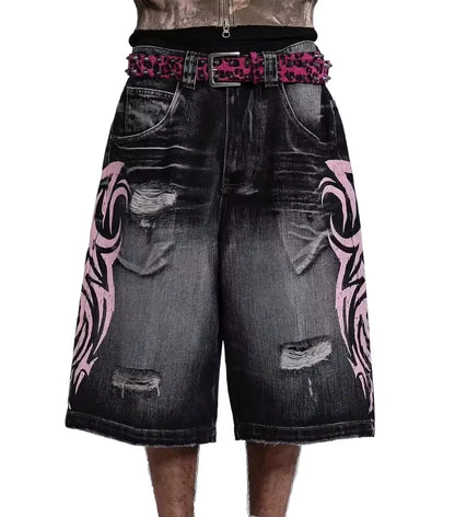 Amerikanische Retro Gothic Damen Denim Shorts Muster Stickerei Loose Unisex Shorts Y2K Printing Korean Casual Fashion Paar Shorts