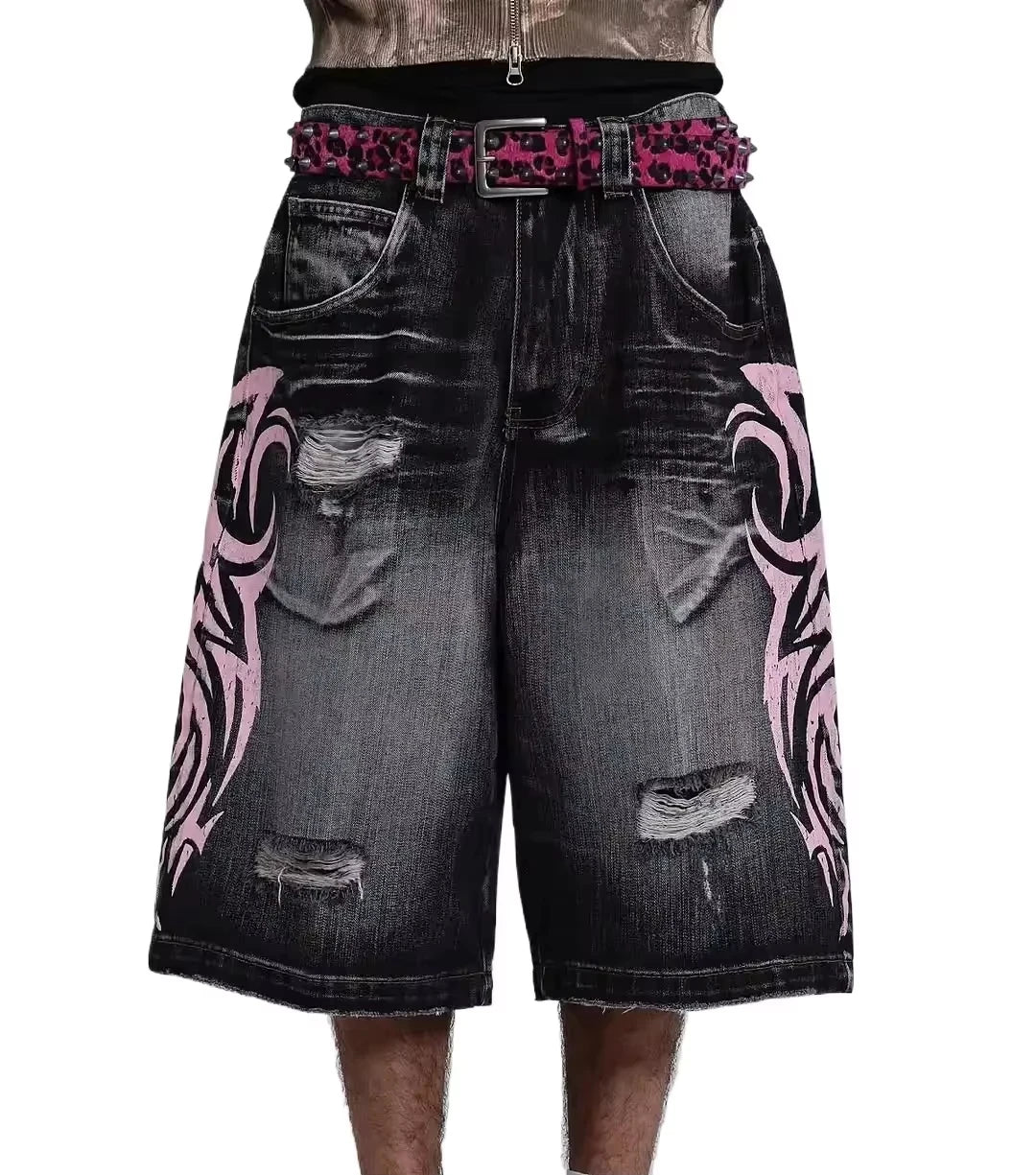 Amerikanische Retro Gothic Damen Denim Shorts Muster Stickerei Loose Unisex Shorts Y2K Printing Korean Casual Fashion Paar Shorts
