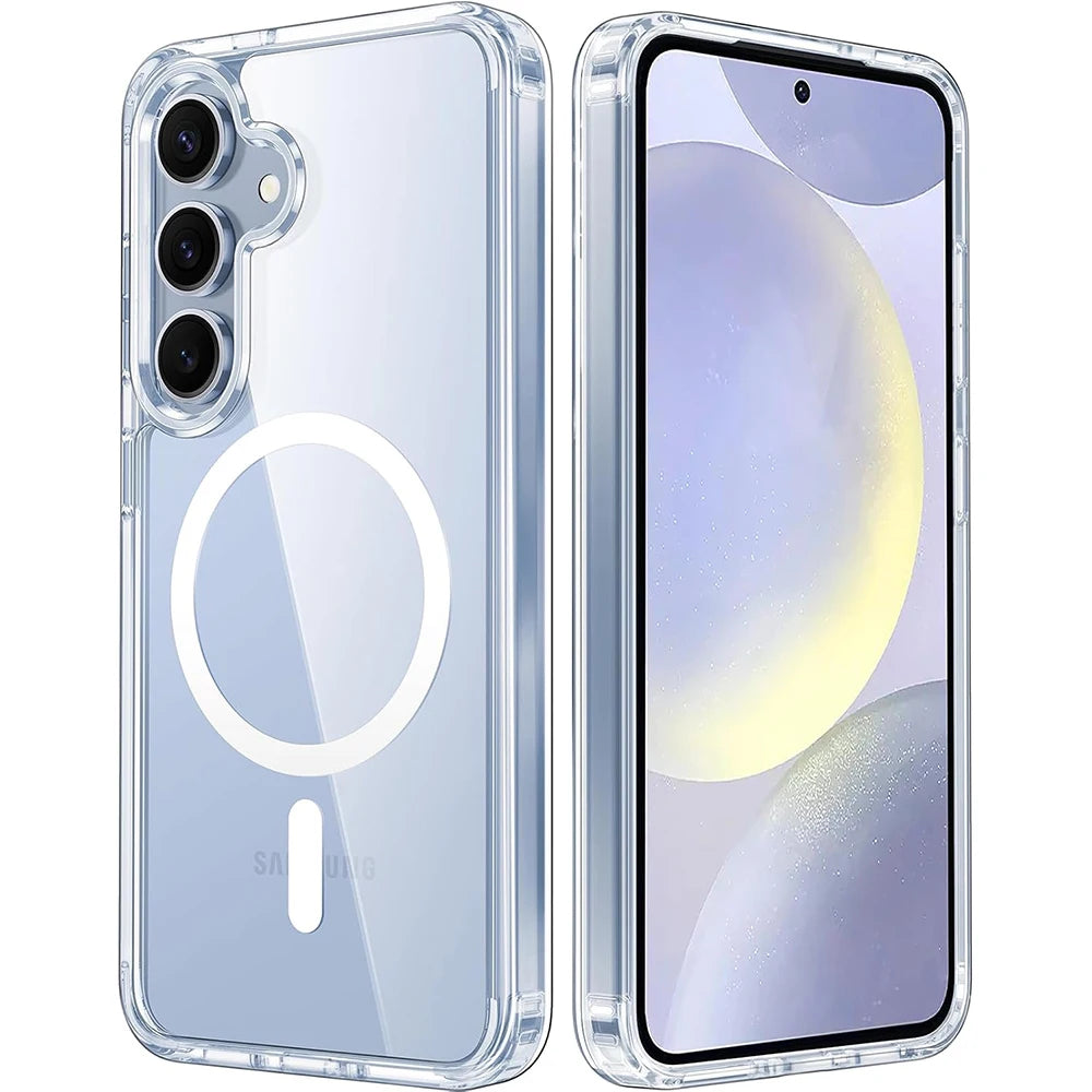 Clear phone case with magnetic ring on a white background