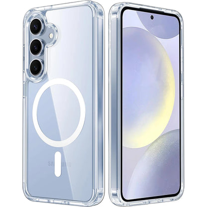 Clear phone case with magnetic ring on a white background
