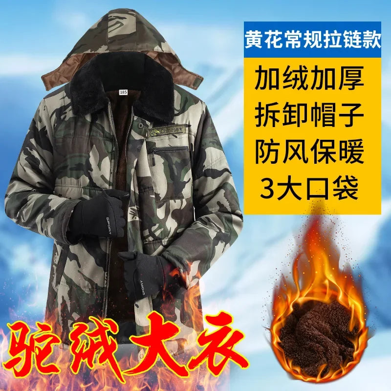 Winter Cotton Men's Velvet Thickened Camouflage Medium length Cold proof Cotton Jacket