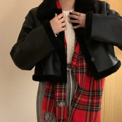 Lamb Velvet ort Puffer Jaet Women's Faion Korean Sle Inteated Fur Coat Warm Stand Fit Tee Button Closure
