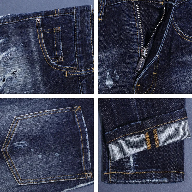 Collage of close-up details of blue denim jeans on a gray background