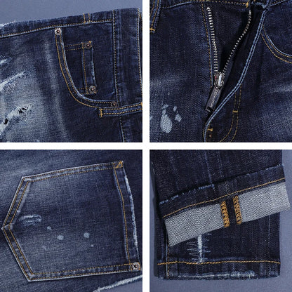 Collage of close-up details of blue denim jeans on a gray background