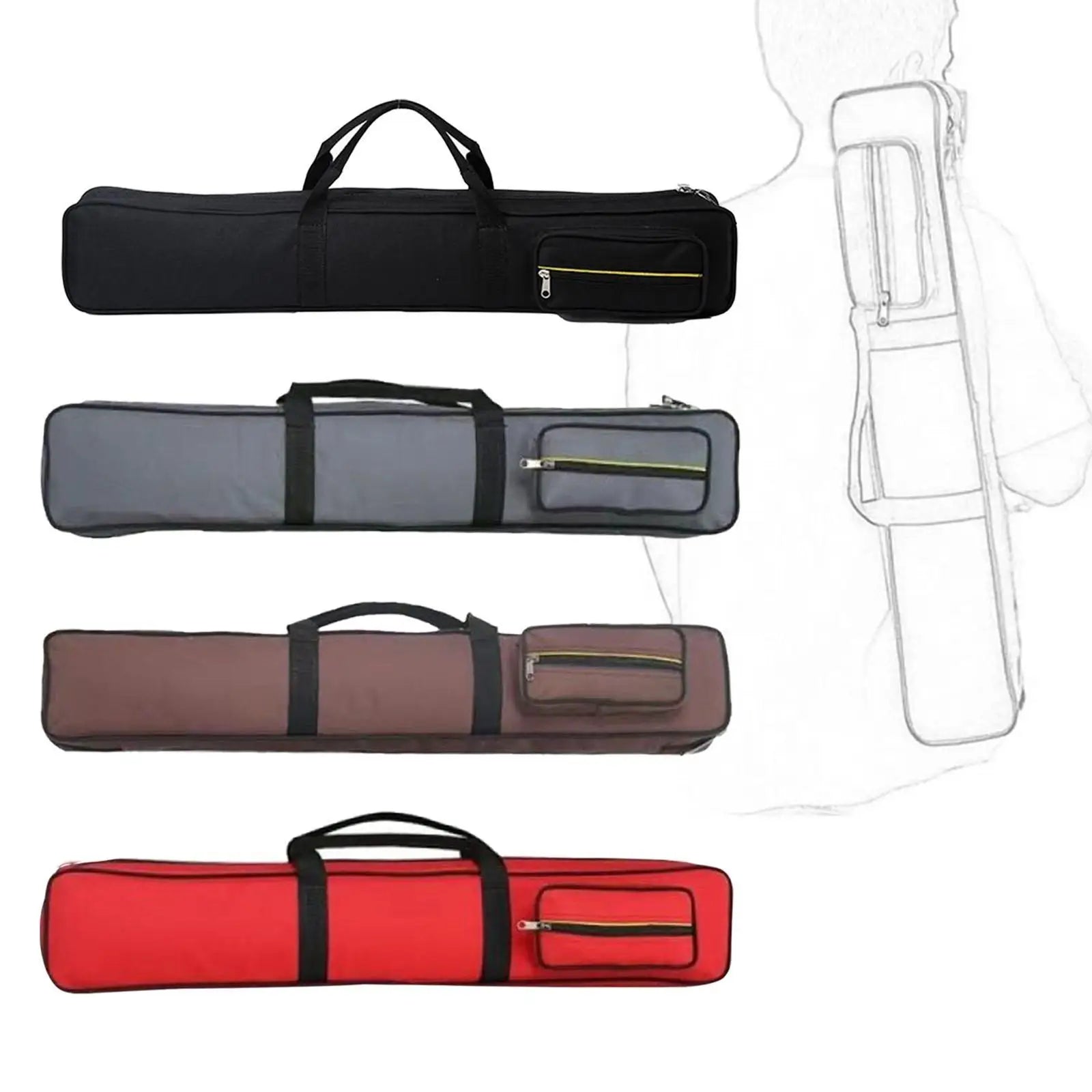 Four guitar cases in black, gray, brown, and red on a white background.