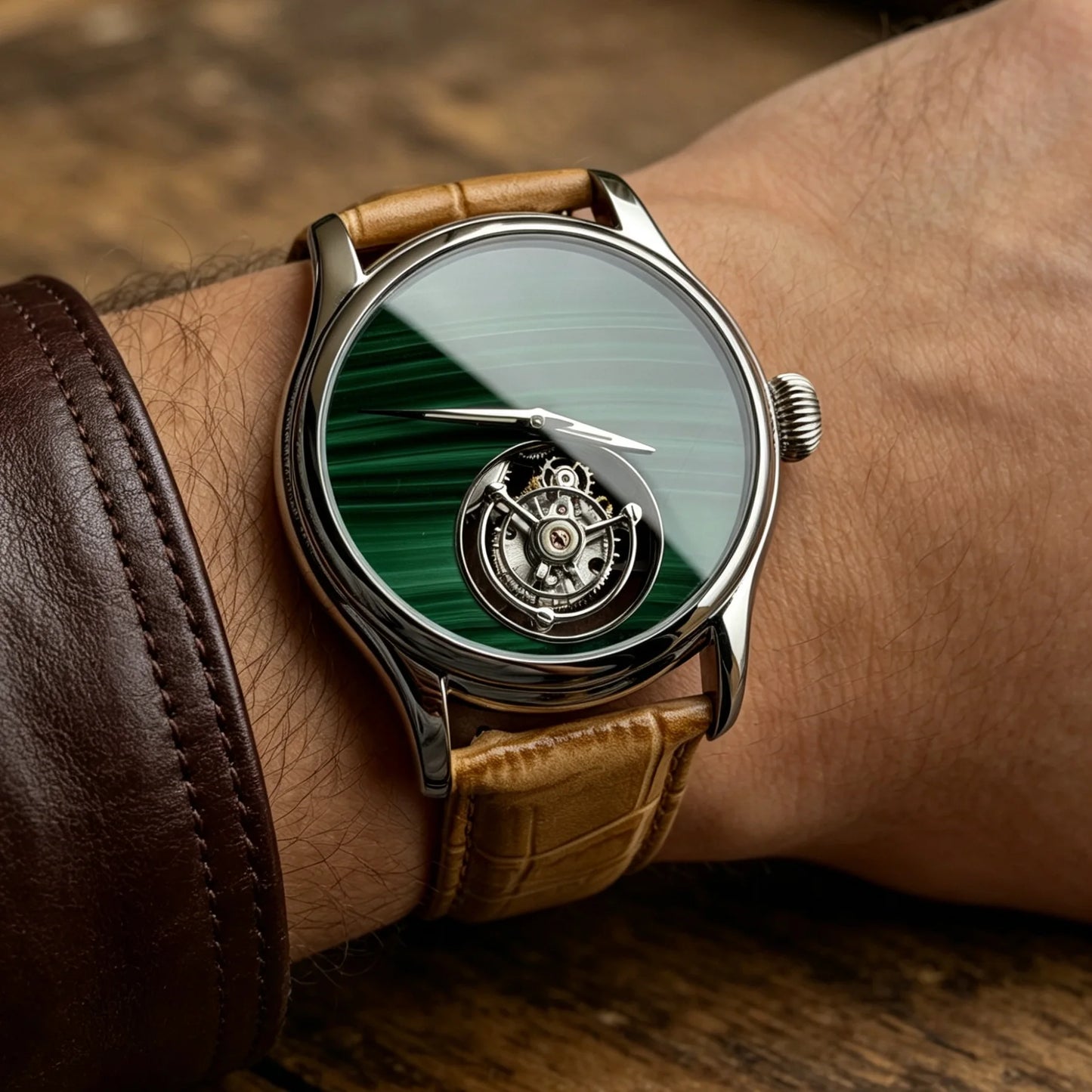100% Tourbillon Watch Natural Stone Dial Malachite Sapphire Mechanical Wrist Watches