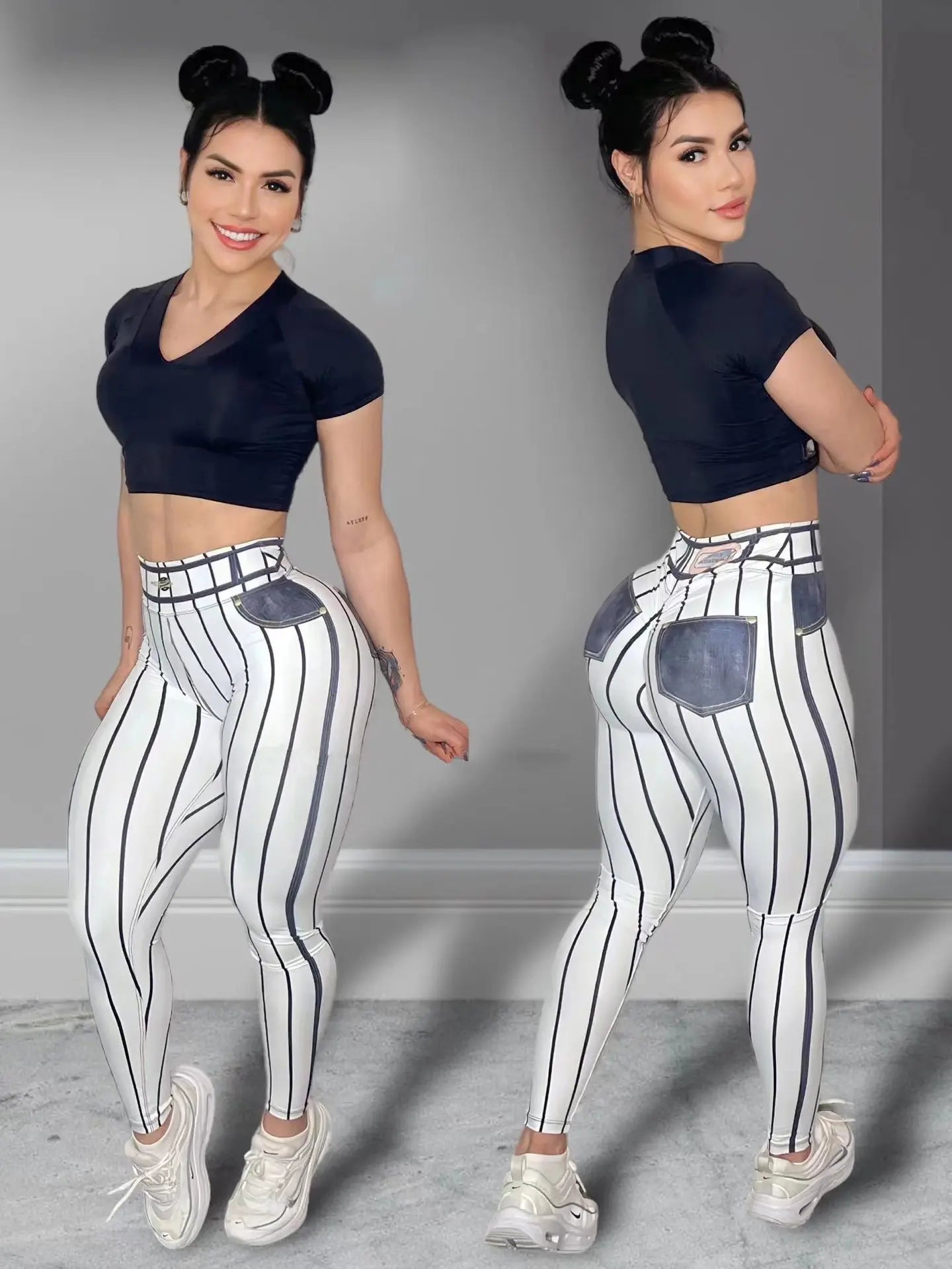 Women High Waist Sports Leggings Stripe Print Stretchable Yoga Pants Sexy Tight Fitness Workout  Gym Push Up Causal Pant
