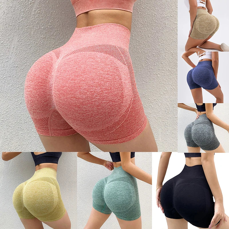 Collage of women wearing colorful high-waisted shorts against a neutral background.