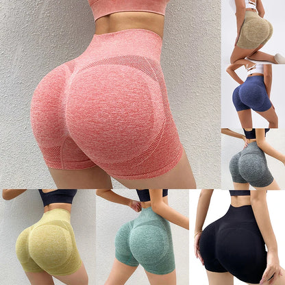 Collage of women wearing colorful high-waisted shorts against a neutral background.