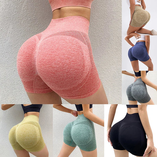 Collage of women wearing colorful high-waisted shorts against a neutral background.