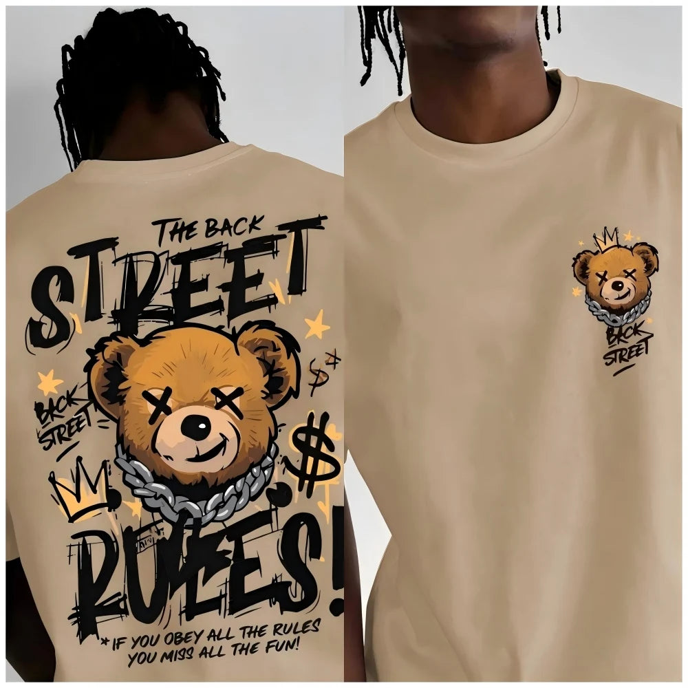 Europäische und amerikanische Herrenmode, bequemes und atmungsaktives Rundhals-T-Shirt mit Bärenbuchstaben-Print für den Sommer, Outdoor, Streetstyle